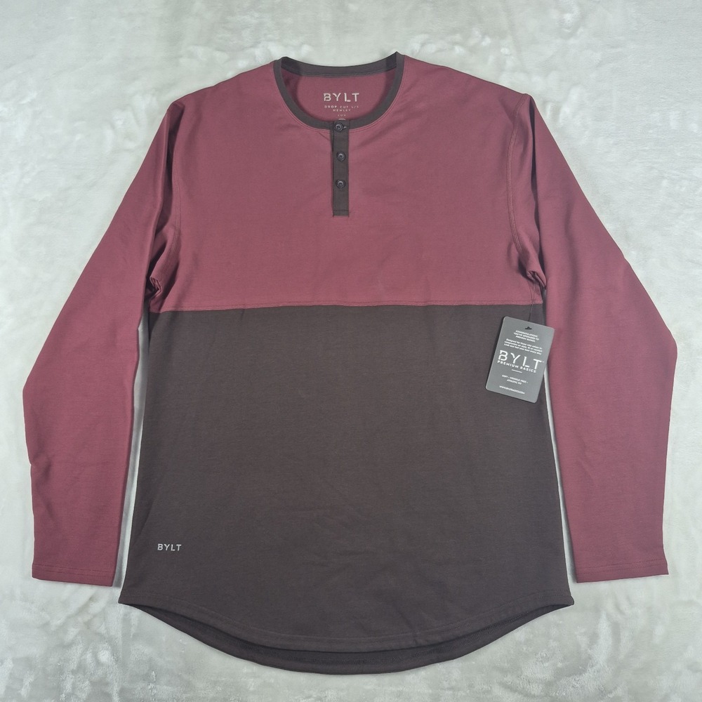 BYLT Drop Cut Long Sleeve Henley Lux Shirt Men's Large Red Brown Comfort NWT